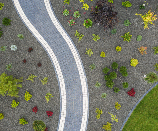 Gardening and Landscaping Industry Theme. Newly Built Residential Backyard Garden Aerial Vista