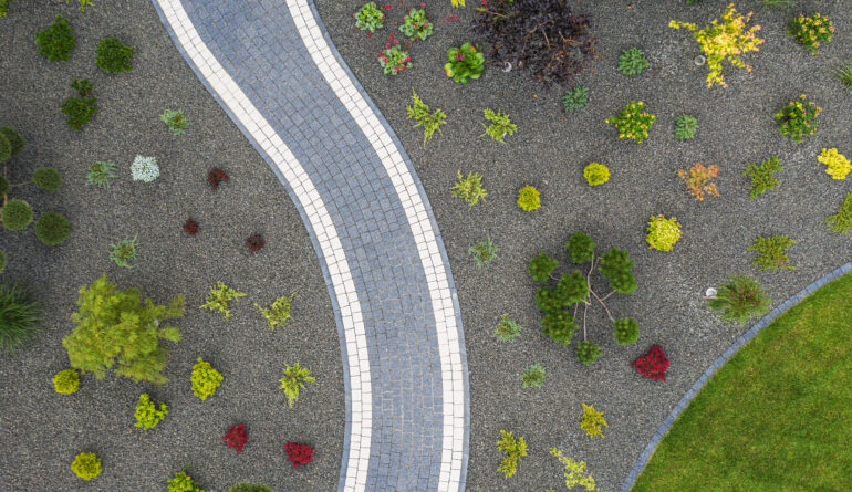 Gardening and Landscaping Industry Theme. Newly Built Residential Backyard Garden Aerial Vista