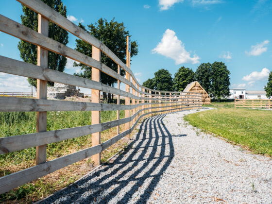 Beautiful day on the farm. Countryside landscape, rural farm and wooden fence Beautiful day on the farm. Countryside landscape, rural farm and wooden fence.