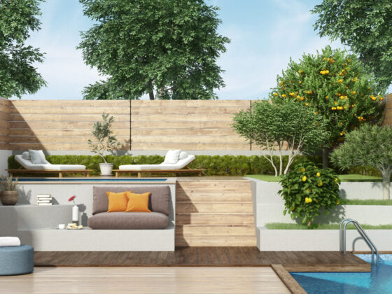 Garden on two levels with two small pools garden on two levels with two small pools and lush vegetation - 3d rendering