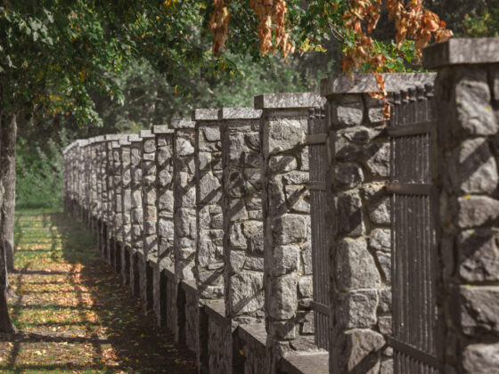 selective focus of stone fence under trees outdoors selective focus of stone fence under trees outdoors